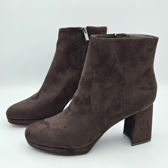 Calvin Klein Uda 2 Faux Suede Heeled Ankle Booties, Chocolate (Brown), Wmns 8.5M - Picture 4 of 16